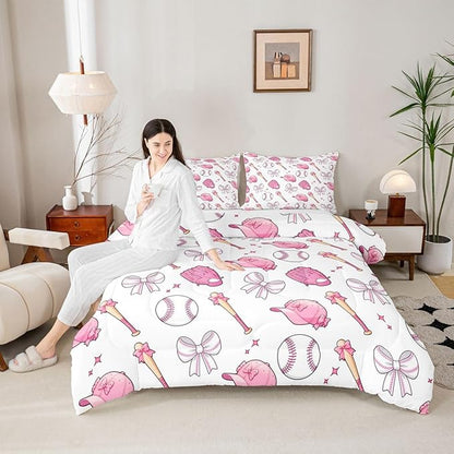 Baseball Bow Comforter Set Queen Size,Pink Bowknot Bedding Sets 3Pcs for Kids Girls Boys Women Room Decor,Baseball Bat and Cap Quilted Duvet Cute Girly Sports Down Comforter,2 Pillowcases