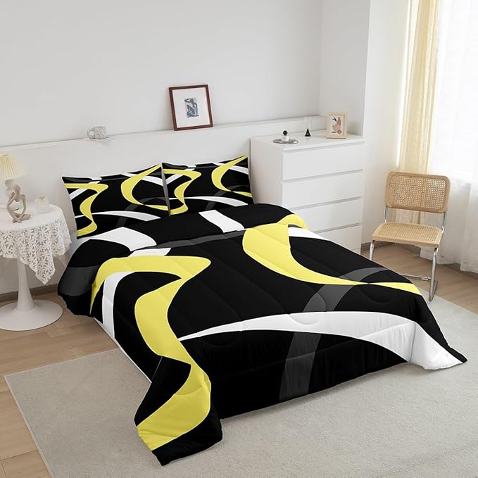 Erosebridal Gray Black Gold Bedding Comforter Sets Grey White Striped Abstract Bedding Set Toddler for Kids Adults Geometric Stripes Down Comforter Modern Fashion Quilt Duvet 2 Pcs