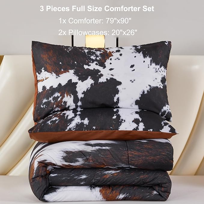 PERFEMET Full Size Comforter Sets 3 Pieces, Western Cow Fur Print Bedding Set, Farmhouse Rustic Black and White Bed Set, Cute Animal Cowhide Comforter Set for Bedroom Decoration