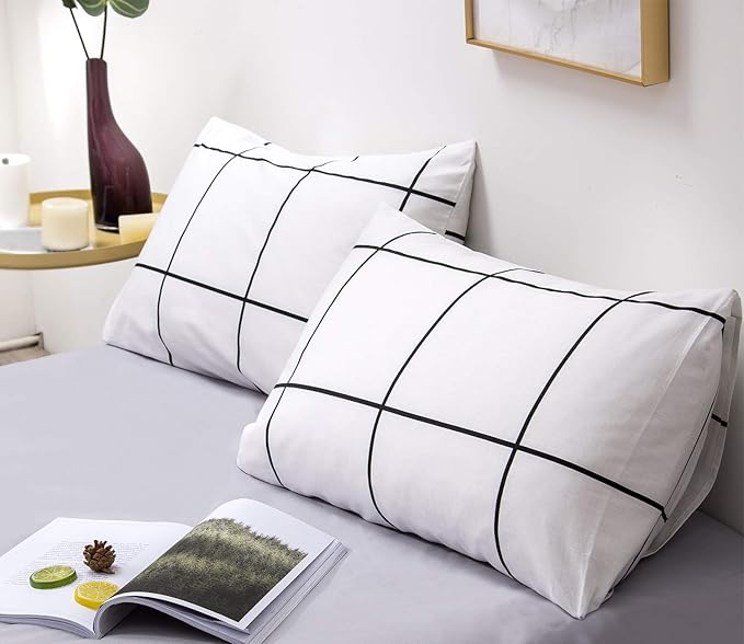 KAREVER White Grid Comforter Set Big Grid Bedding Set King White Black Plaid Printed Stripes Women Checkered Comforters Bedding White Plaid King Comforter