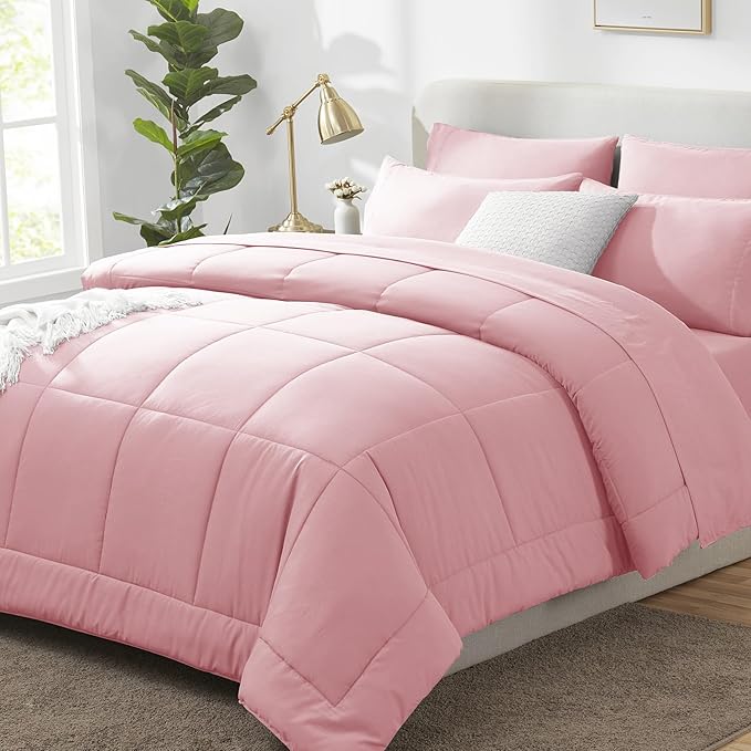 CozyLux Queen Size Comforter Sets Pink, 7 Pieces Bed in a Bag, Pink Comforter Queen Size, All Season Bedding Sets with Stitch Quilted Comforter, Flat Sheet, Fitted Sheet, Pillowcases