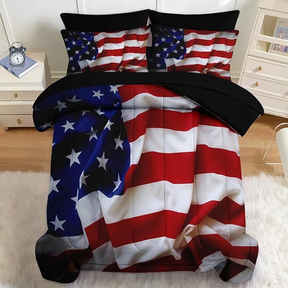Nesker 7 Pcs Comforter Set Queen Size, Patriotic American Flag Bedding Set for Kids and Adults, Blue Red and White Federations Stars Sheets Bed Sheet Sets with Fitted Sheet 2 Pillowcases & 2 Shams