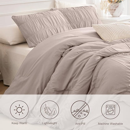 Masaca Oversized King Comforter(120"x98"),Taupe Ruched Ruffle California King Comforter Set,3 Pieces Lightweight Extra Large Farmhouse Shabby Boho Chic French Country Bedding Set