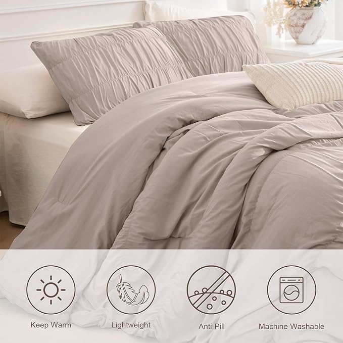 Masaca Oversized King Comforter 120x120,3 Pieces Taupe Ruched Comforter Extra Large,Ruffle Cal King Bed Comforter Oversized Lightweight Shabby Farmhouse Bedroom Bedding Set Ultra Soft