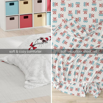 Dr. Seuss Cat in The Hat Kids Bedding, 5 Piece Twin Bed Set, Soft Cozy Reversible Comforter and Sheet Set with Sham, Officially Licensed Product by Franco