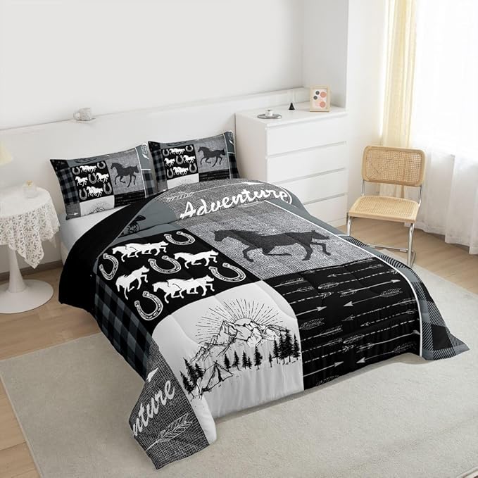 Erosebridal Southwestern Comforter Set Queen Size, Kids Boys Western Horse Bedding Set Retro Horseshoe Riding Boots Duvet Insert Rustic Arrow Adventure Themed Down Comforter Cabin Lodge Decor, Grey