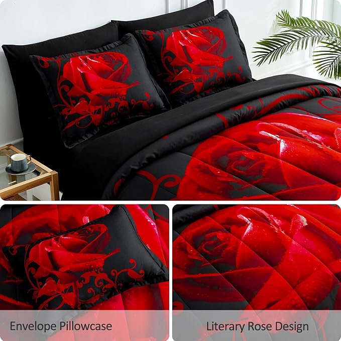 WONGS BEDDING Red Comforter Set Cal King, Reversible Red Rose 7 Pieces Bed in a Bag, Lightweight Soft Microfiber Bedding Sets with Comforter, Flat Sheet, Fitted Sheet, Pillowcases & Shams