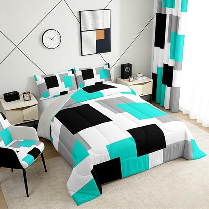 Castle Fairy Teal Grid Twin Size Comforter Set,Black Grey Geometric Duvet Set Soft Bed Collection,Modern Abstract Square Splicing Bedding Comforter for Boys Girls Bedroom,2 Pcs