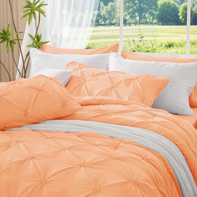 BEDELITE Apricot King Size Comforter Set - 3 Pieces Boho Pintuck Bedding Comforter Sets, Lightweight Soft & Warm King Bedding Set with 2 Pillowcases for All Season