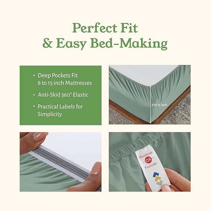 California Design Den King Sheets Deep Pocket Set - Soft 100% Organic Cotton Sheets, Crisp and Cool Percale, Deep Pockets with Anti-Skid Elastic, Breathable and Durable Bedding Set - Sage Green