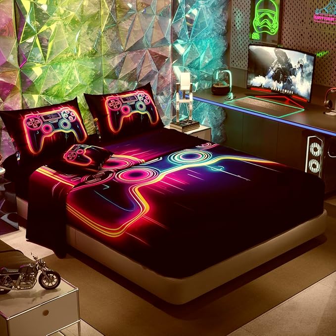 Namoxpa6 Pieces Gamer Comforter Sets for Boys Kids Teens,3D Pattern,Decorative 6 Piece Bedding Sets with Comforter,Flat Sheet,Fitted Sheet,Throw Pillow Cover,Pillow Shams,Queen Size