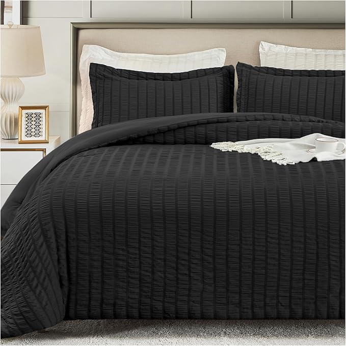 satisomnia King Comforter Set Black, Soft Seersucker Comforters King Size Bed, 3 Pieces Lightweight Down Alternative Bedding Comforter Sets All Season, Fluffy Comforter with 2 Shams 106x90 in