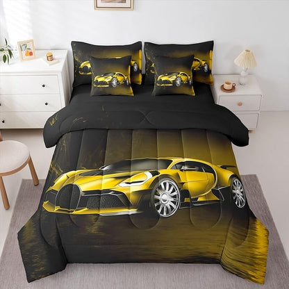 Feelyou Sports Car 7 Piece Bedding Set Yellow Race Car Comforter Set with Sheets for Kids Boys Girls Extreme Sports Bed in a Bag Cool Speed Luxury Car Decor Quilt with 2 Pillowcases King