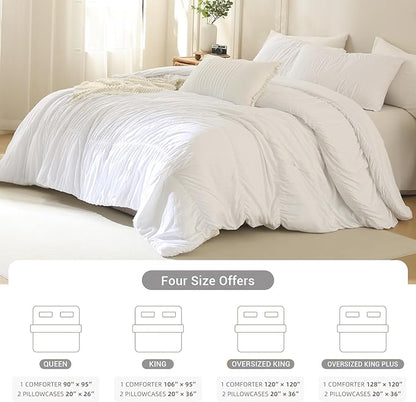 Lady Ann King Size Comforter Sets White Ruched Bedroom Sets, 106"*95" Fluffy Bedding Comforter Sets, Ultra Soft & Luxurious All Season Bed Sets for Women Men, 3pcs