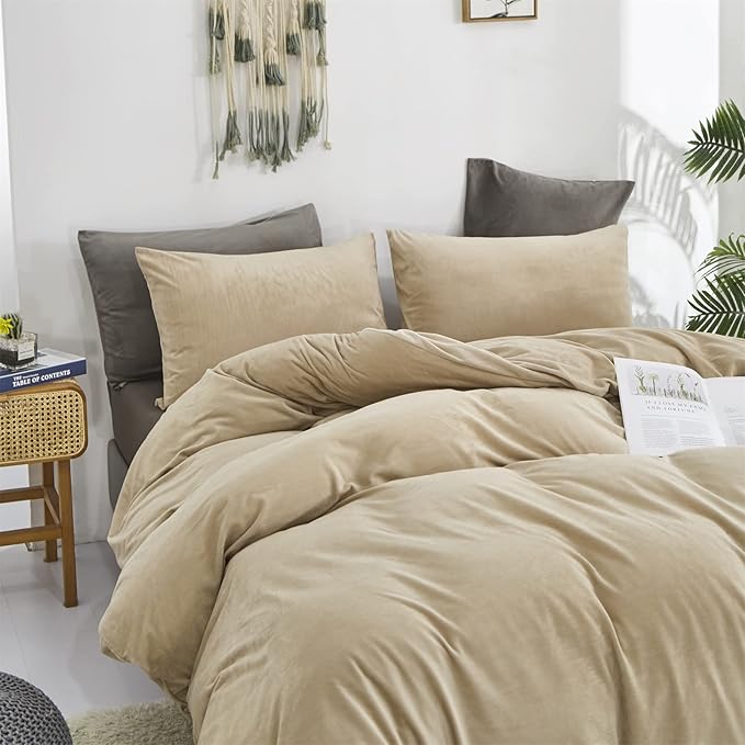 Luxlovery Cream Coffee Velvet Comforter Queen Khaki Flannel Bedding Minimalist Bedding Solid Dark Champagne Blanket Quilts Heavyweight Winter Taupe Color