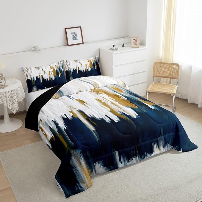 Erosebridal Navy Blue Bedding Full Gradient Brush Marks Comforter Set, Watercolor Stripe Aesthetic Down Comforter Abstract Ombre Bedding Comforter Sets, Chic Vintage Contemporary Duvet Insert 3pcs