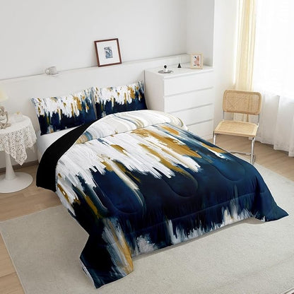 Erosebridal Navy Blue Bedding Full Gradient Brush Marks Comforter Set, Watercolor Stripe Aesthetic Down Comforter Abstract Ombre Bedding Comforter Sets, Chic Vintage Contemporary Duvet Insert 3pcs