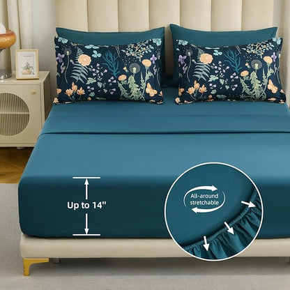 Yiran King Size Comforter Set 7 Pieces, Peacock Blue Botanical Floral Winter Comforter Bedding Set, Bed in a Bag King, Soft Microfiber Complete Bedding Set with Sheets for All Season