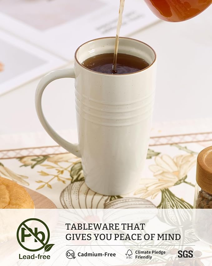 famiware Jupiter Large Coffee Mug, 20oz Coffee Mug with Lid, Ceramic Mugs Set of 2, Cup Set with Handle for Latte, Tea, Cocoa, Milk, Home & Office, Microwave and Dishwasher Safe, Vanilla White