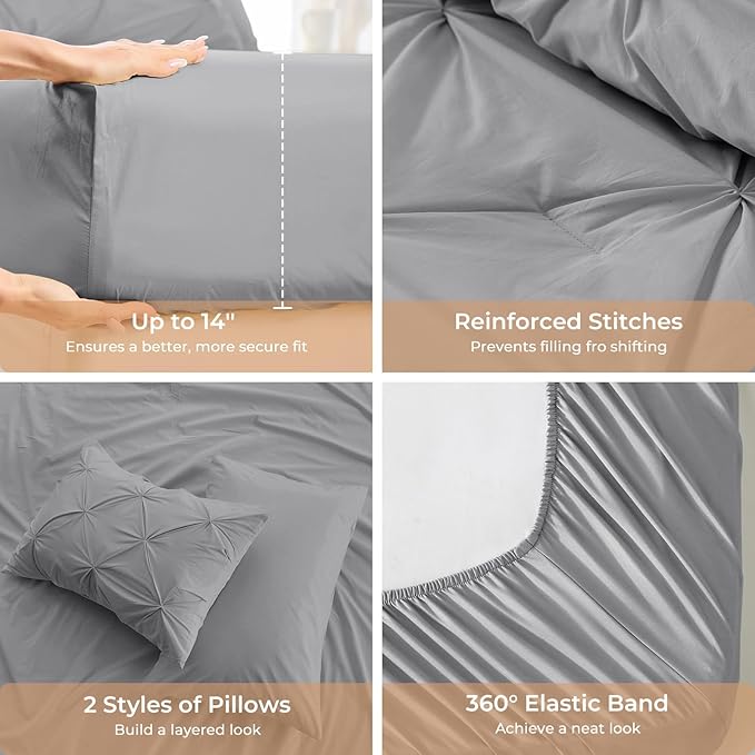 Sasttie California King Comforter Set, 7-Piece Bed in a Bag, Pintuck Bedding Sets for All Season, Includes Comforter, Flat Sheet, Fitted Sheet, Pillowcases and Pillowshams, Light Grey