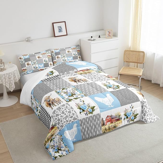 Farmhouse Plaid Full Size Comforter Set,Highland Cattle Chicken Animals Bedding Comforters Bedroom Collection,Blue Floral Geometric Patchwork Bedding Set for Girls Teens