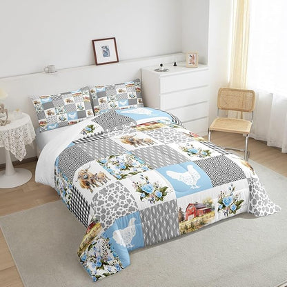 Farmhouse Plaid Full Size Comforter Set,Highland Cattle Chicken Animals Bedding Comforters Bedroom Collection,Blue Floral Geometric Patchwork Bedding Set for Girls Teens