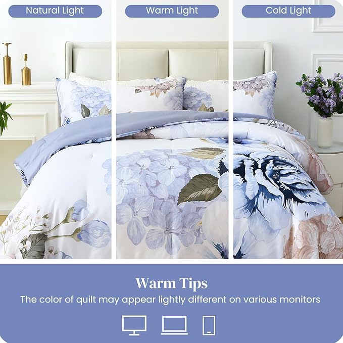 Floral Comforter Set King Size, 3 Pieces Elegant Blue Floral Bed in a Bag, Soft Microfiber Botanical Flower Bedding Set with 2 Pillowcases for All Season 104"×90"