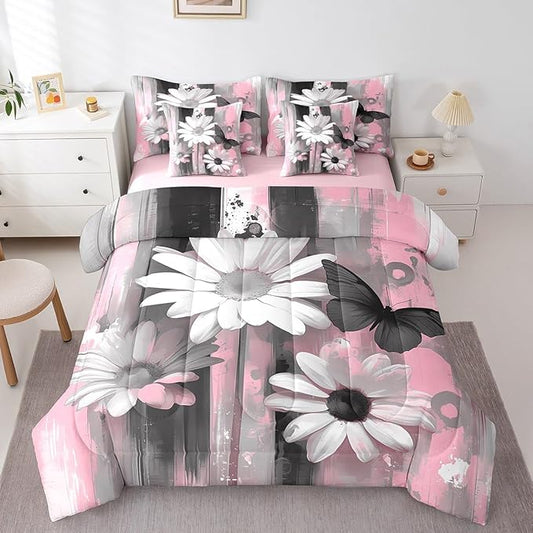 Feelyou Girls Daisy Flower Comforter Set with Sheets Queen Size 7 Pieces Kids Butterfly Floral Bedding Set for Boys Women Teens Pink Black Simple Modern Abstract Art Bed in a Bag Room Decor