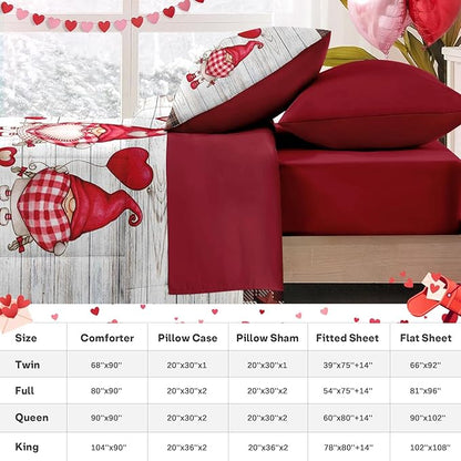 Nesker 7 Pcs Valentine's Day Comforter Set Queen Size, Cute Gnome Romantic Bedding Set for Kids and Adults, Christmas Love Funny Sheets Bed Sheet Sets with Fitted Sheet 2 Pillowcases & 2 Shams