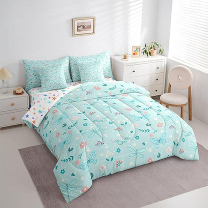 Feelyou Butterfly Dragonfly 7 Piece Bedding Set Mint Green Comforter Set with Sheets for Kids Boys Girls Flowers and Plants Bed in a Bag Nature Plants Bed Set Soft Lightweight