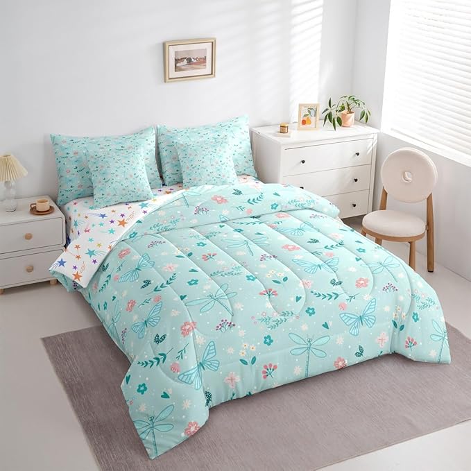 Feelyou Butterfly Dragonfly 7 Piece Bedding Set Mint Green Comforter Set with Sheets for Kids Boys Girls Flowers and Plants Bed in a Bag Nature Plants Bed Set Soft Lightweight