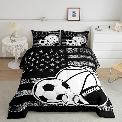 Feelyou Basketball Sports Comforter Set Full Size Ball Game Comforter for Boys Girls Teens Football Bedding Set Baseball Duvet Set Room Decor Balck White Mixed Ball Quilt Set