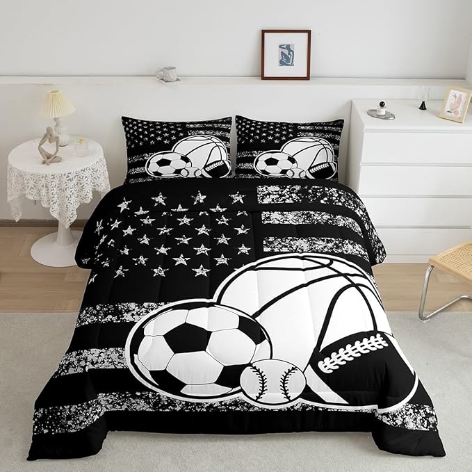 Feelyou Basketball Sports Comforter Set Twin Size Ball Game Comforter for Boys Girls Teens Football Bedding Set Baseball Duvet Set Room Decor Balck White Mixed Ball Quilt Set