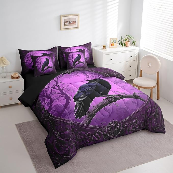 Erosebridal Crow 7 Piece Bedding Set Twin Size,Gothic Halloween Bed in a Bag,Horror Theme Bed Set Includes Comforter, Sheet Set, Pillowcases & Pillow Covers All Season Bedroom Decor