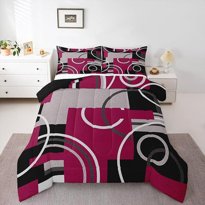 Erosebridal Modern Red Gray Black Bedding King Size Abstract Circles Striped Comforter Set Geometric Spiral Checkered Duvet Insert Chic Texture Quilted Comforter Bedroom Decor with 2 Pillow Covers