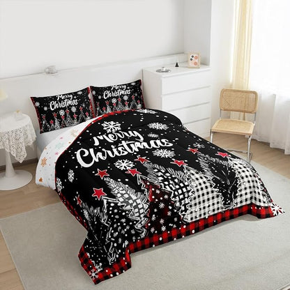 Christmas Tree Bedding Sets Full Size,Red Black Checkered Comforter Set 3Pcs for Kids Girls Boys Women Room Decor,Winter Snoweflake Quilted Duvet Retro Xmas Pine Down Comforter,2 Pillowcases