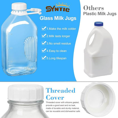 3 Pack 2 Qt Glass Water Bottles with Handle and Airtight Reusable SCREW LID - 64 Oz Juice Jugs, 1/2 Gallon Glass Milk Container for Fridge, Breast Milk Jug Pitcher with 2 Spouts, Extra Lids & Handles