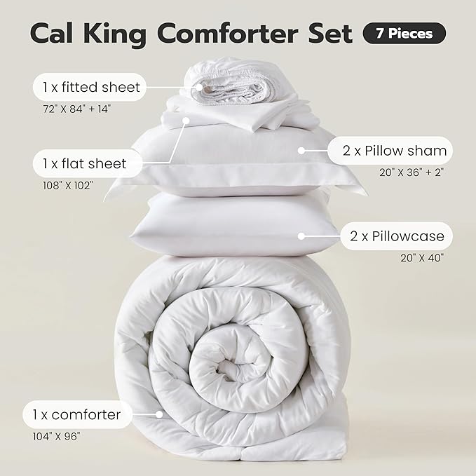 Joiedomi California King Comforter Set with Sheets White, 7 Pieces Bedding Set with 1 Down Alternative Comforter, 1 Flat Sheet, 1 Fitted Sheet, 2 Pillowcases and 2 Pillow Shams, Bed in a Bag