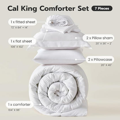 Joiedomi California King Comforter Set with Sheets White, 7 Pieces Bedding Set with 1 Down Alternative Comforter, 1 Flat Sheet, 1 Fitted Sheet, 2 Pillowcases and 2 Pillow Shams, Bed in a Bag