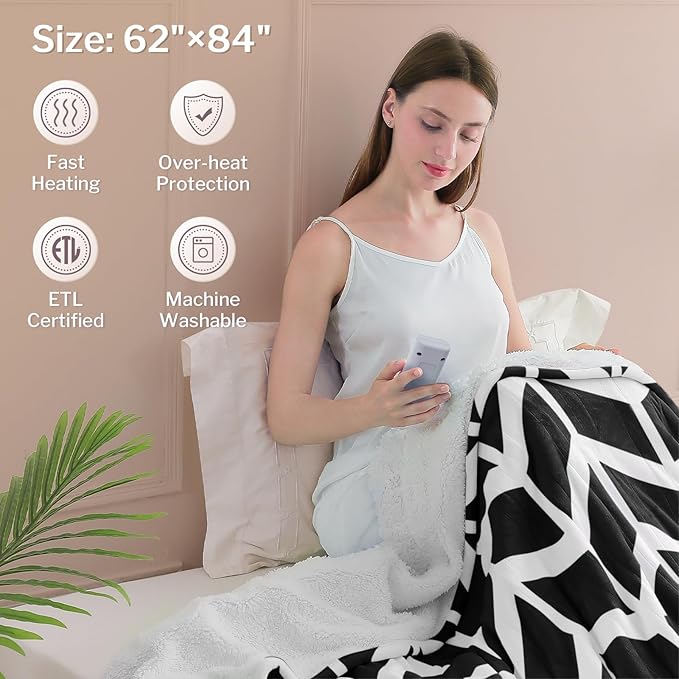 VENTIMI Electric Blanket Heated Throw, 62" x 84" Heated Blanket with 9 Heat Levels & 2 to 10 Hours Auto Off, Fast Heating Blankets with ETL & FCC Certification, Black