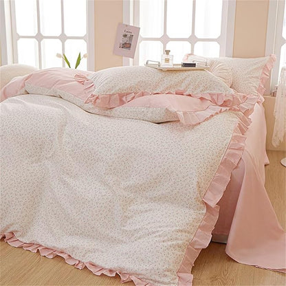 MKXI Twin XL Small Floral Ruffle Comforter Set - 3 Piece Countryside Floral Comforter with Pillow Shams, Reversible White Pink Princess Bedroom Collection, Soft Aesthetic Bedding Set for Teen Girls