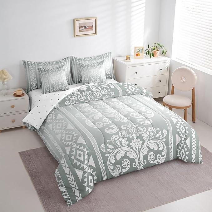 Comforter Set Twin Size, Silver White Aztec Damask 7 Pcs Bedding for Kids and Adults, Western Goth Floral Victorian Bed Sheet Sets with Fitted Sheet 2 Pillowcases & 2 Shams for Bedroom Bed Decor
