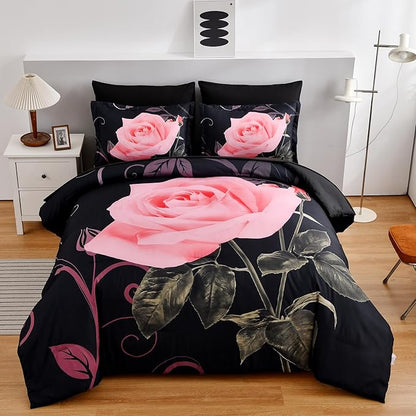 Xruibed Blush Comforter Set King 7 Piece Bed in a Bag Blush Rose Flower Comforter with Sheet Set Soft Micorfiber Bedding Set (1 Comforter,2 Pillow Shams,1 Flat Sheet,1 Fitted Sheet,2 Pillowcases)