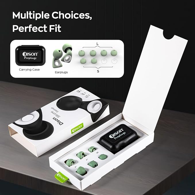 Dison Ear Plugs for Sleeping, Reusable Earplugs for Noise Reduction Silicone Hearing Protection Ear Plugs with 6 Ear Tips Green