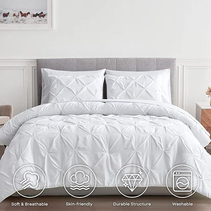 Maple&Stone Twin Comforter Set, 5-Piece Bedding Set with Pinch Pleat Comforter, Sheets, Pillowcases & Shams - White