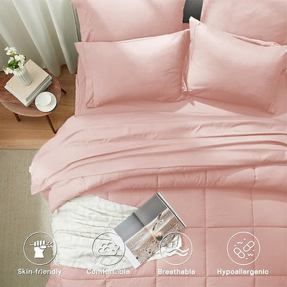 Anluoer Full Size Bed in a Bag 7 Pieces, Pink Bed Comforter Set with Sheets, All Season Bedding Sets with 1 Comforter, 2 Pillow Shams, 2 Pillowcases, 1 Flat Sheet, 1 Fitted Sheet