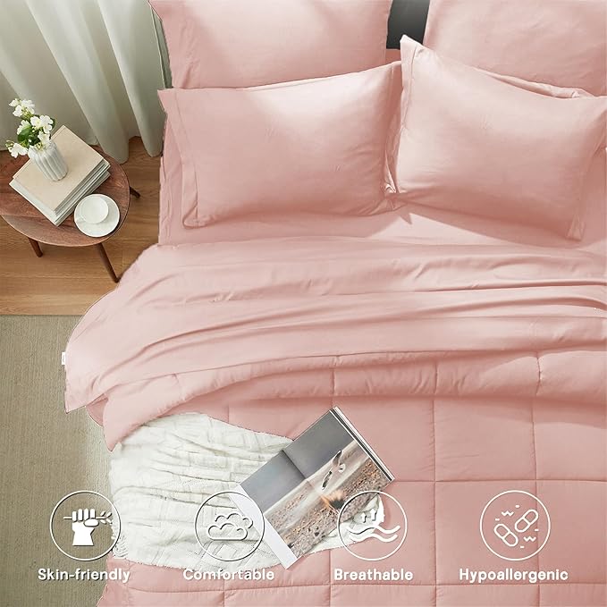 Anluoer Queen Comforter Set 7 Piece, Pink Bed in a Bag with Comforters, Pillow Shams, Pillowcases, Flat Sheet, Fitted Sheet