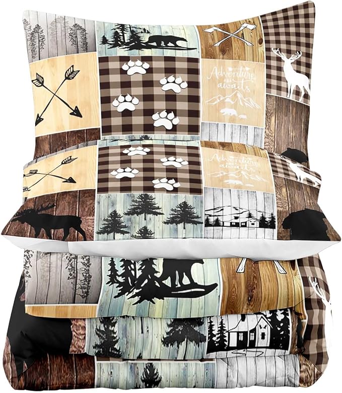 LUVIVIHOME 3PCS Cabin Rustic Comforter Set Full Size, Black Bear Deer Elk Moose Woodland Forest Animals Wildlife Hunting Brown Plaid Patchwork Lodge Country Farmhouse Bedding Quilt, 2 Pillow Shams