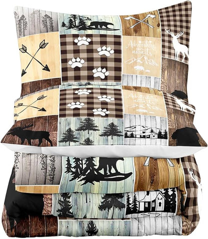 LUVIVIHOME 2PCS Farmhouse Cabin Comforter Set, Twin Bed Set, Black Bear Deer Elk Moose Woodland Forest Animals Wildlife Hunting Brown Plaid Patchwork Lodge Country Rustic Bedding Quilt, 1 Pillow Sham