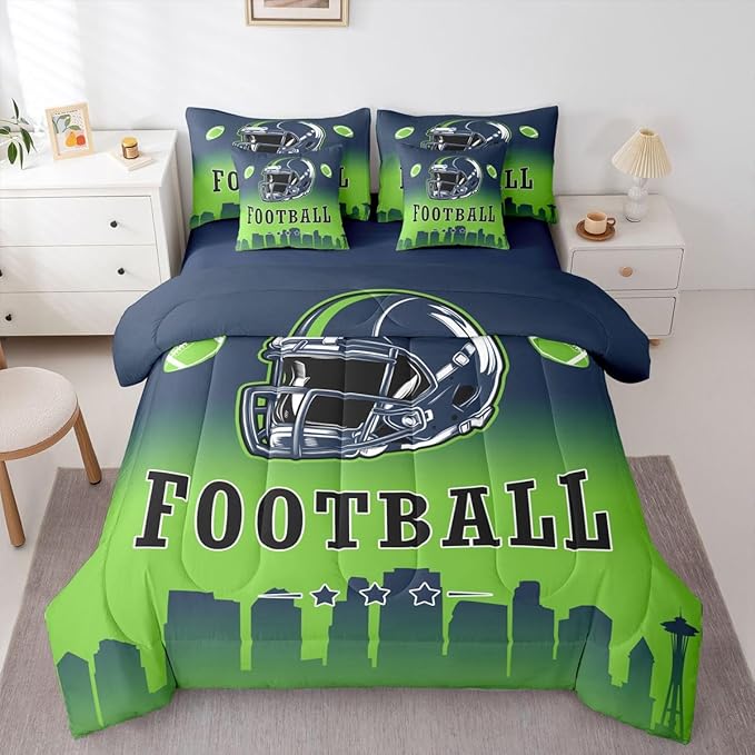 Erosebridal Football Bed in A Bag American Soccer Sports 7 Piece Bedding Set Rugby Sports Games Comforter Set with Sheets Blue Green Soft Lightweight Bed Set Twin for Kids Boys Teen Adults